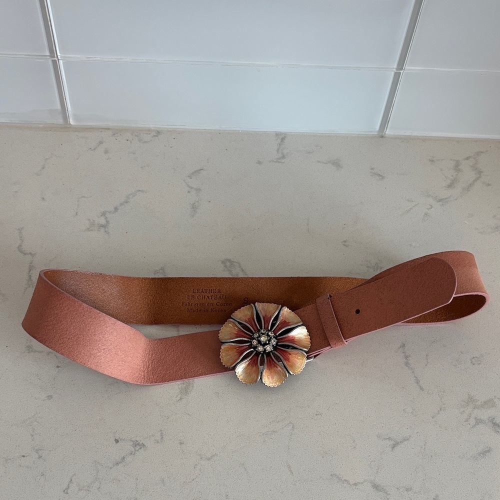 Le Chateau Pink Leather Belt with Floral Buckle